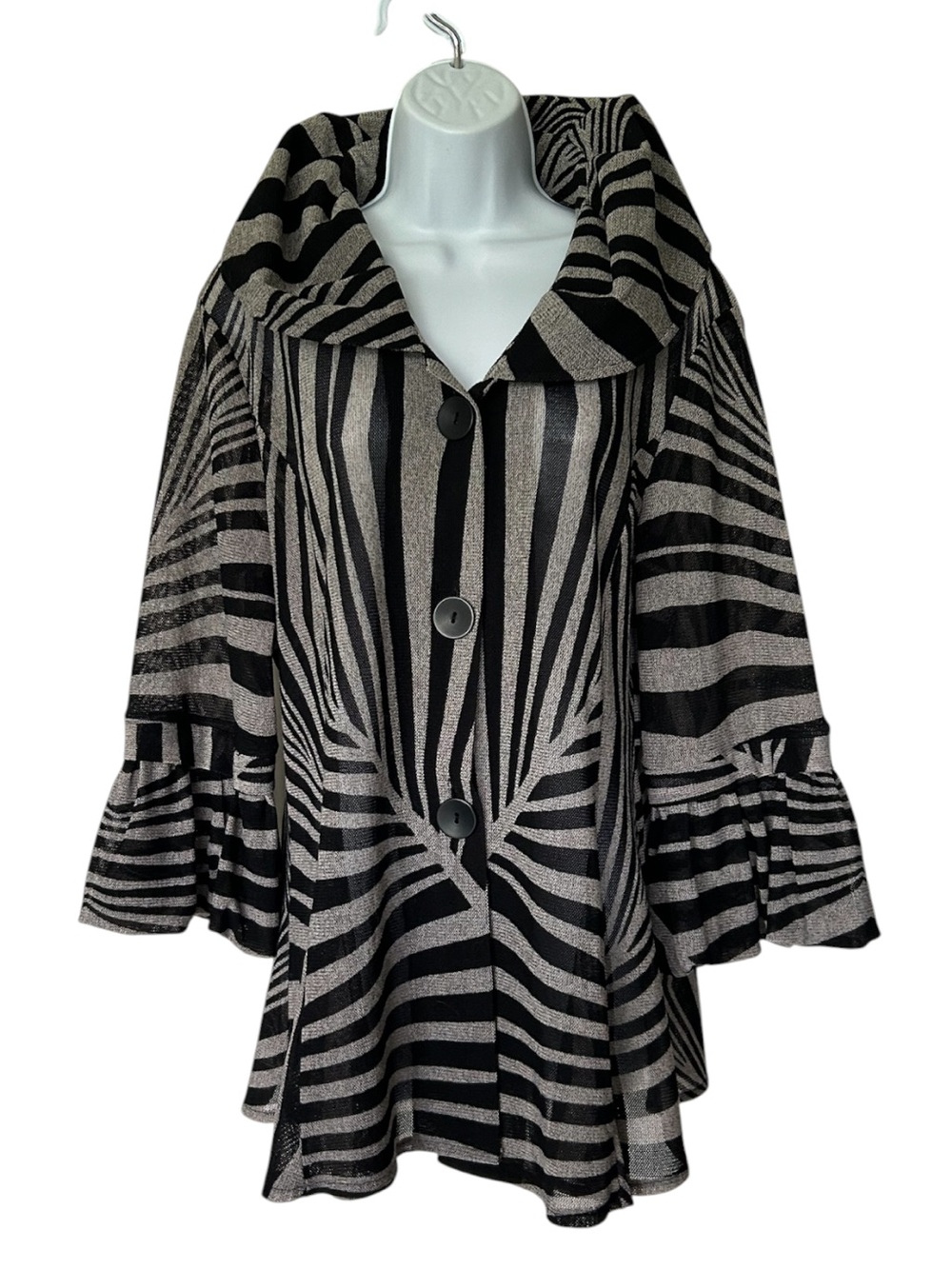 Damee Swing Jacket Black Gray Abstract Sheer Mesh Ruffle Collar Artwear XL - Picture 2 of 7